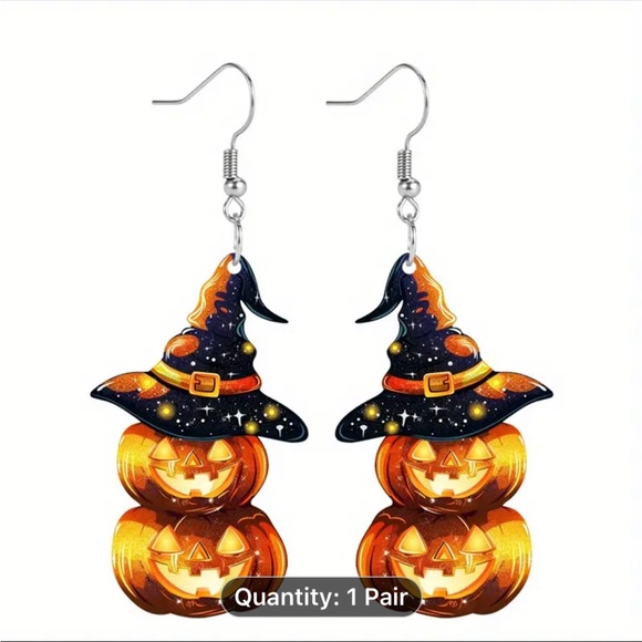 Earrings, NWT, Acrylic, Stainless Steel Posts, Day Of Dead Wizard Hat Pumpkin - Picture 2 of 6